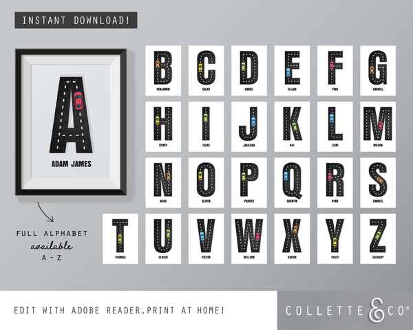 Racing Car Alphabet Printable Wall Art