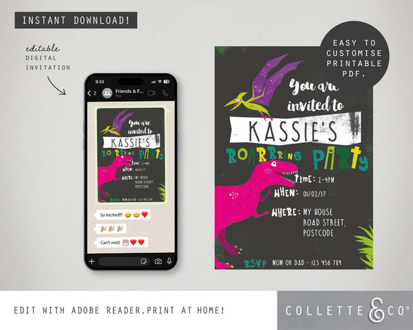 Dinosaur Pink Digital Party Invitation