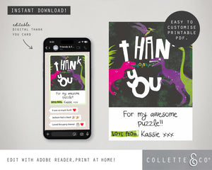 Dinosaur Pink Digital Party Thank You Card 02