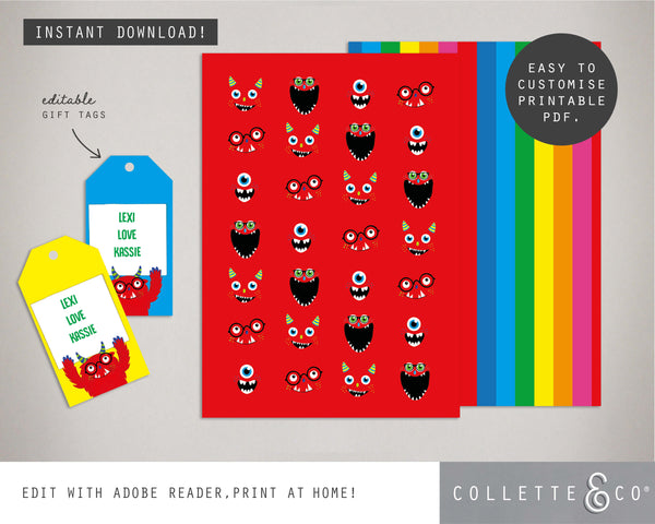 Printable Monster Wrapping Paper & Gift Tag