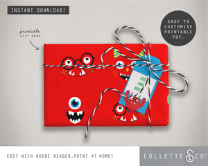 Printable Monster Wrapping Paper & Gift Tag 02