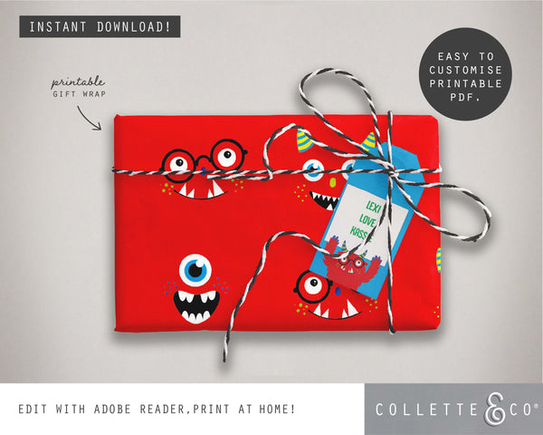 Printable Monster Wrapping Paper & Gift Tag 02