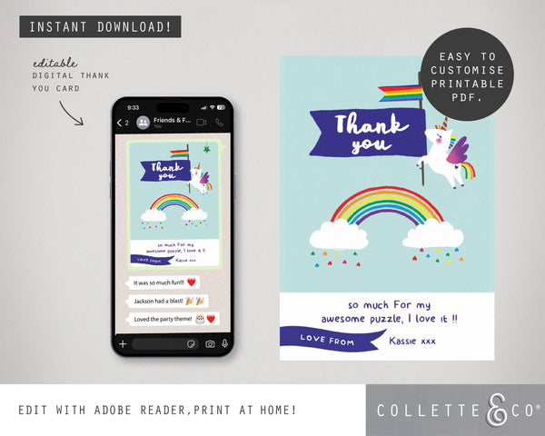 Unicorn Digital Party Thank you Card