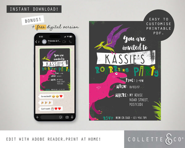 Pink Dinosaur Party Printable Invitation
