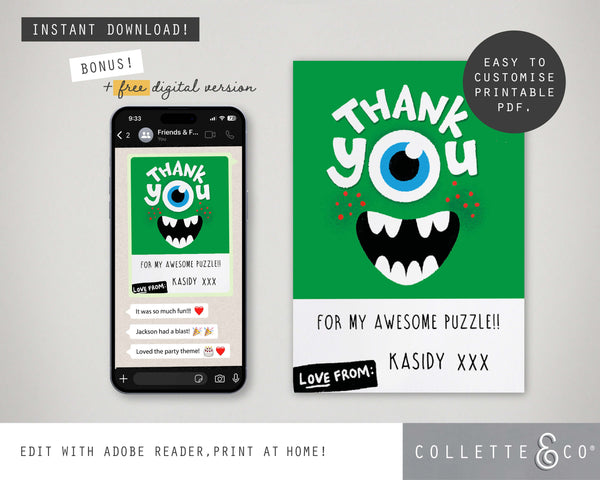 Monster Party Printable Thank You Card