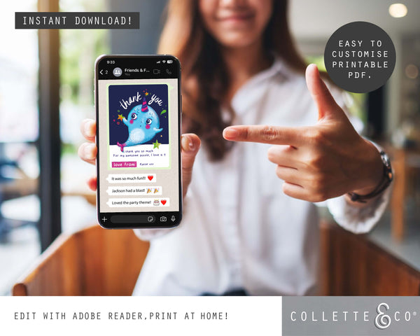 Narwhal Party Printable Thank You Card