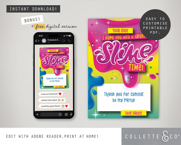 Pink Slime Party Printable Thank You Card
