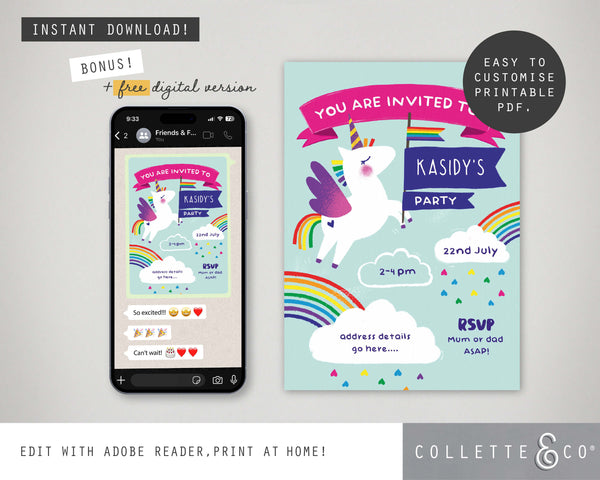 Unicorn Party Printable Invitation