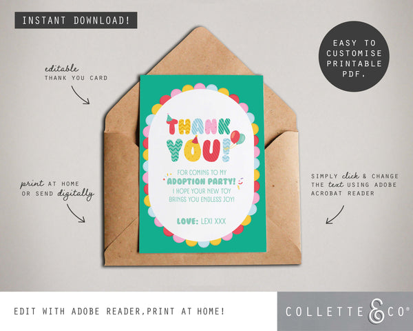 Toy Adoption Party Printable Thank You Card