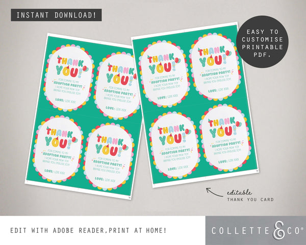 Toy Adoption Party Printable Thank You Card