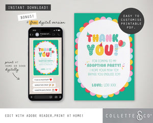 Toy Adoption Party Printable Thank You Card