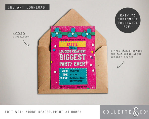 Trolls Party Printable Invitation