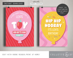 Toy Adoption Party Printable Posters