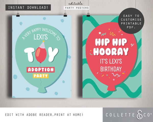 Toy Adoption Party Printable Posters