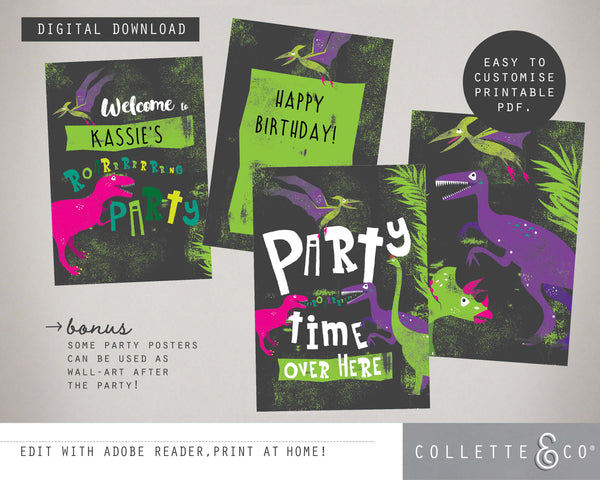 Pink Dinosaur Party Printable Posters