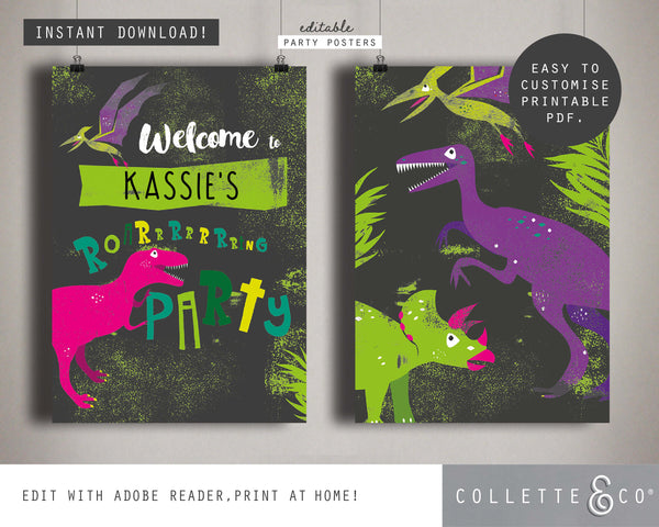 Pink Dinosaur Party Printable Posters