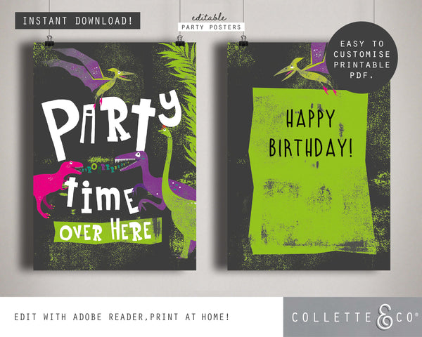 Pink Dinosaur Party Printable Posters