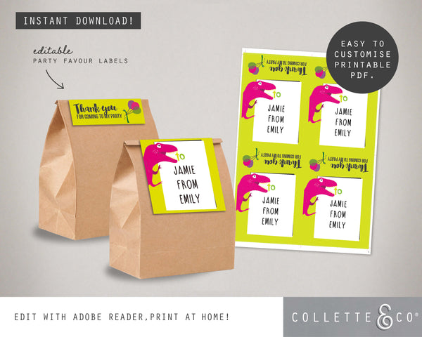 Pink Dinosaur Party Printable Favour Pack