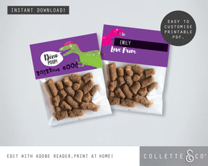 Pink Dinosaur Poop Printable Favour Candy Bag Toppers & Labels