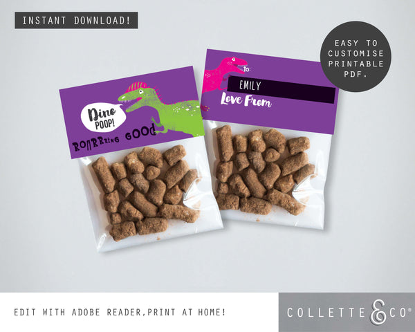 Pink Dinosaur Poop Printable Favour Candy Bag Toppers & Labels
