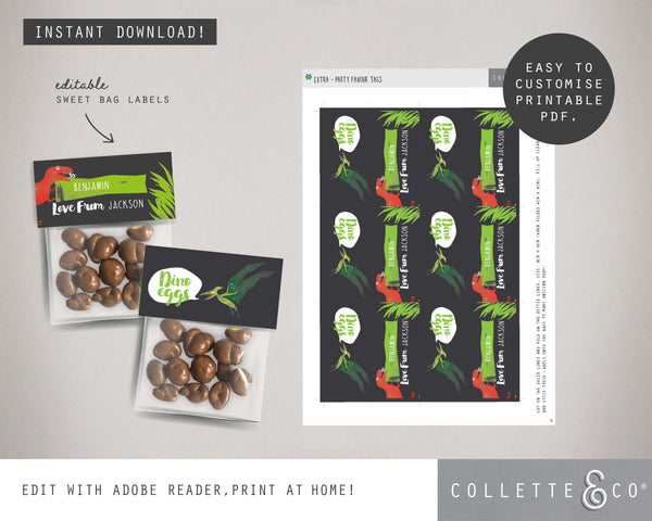 Dinosaur Eggs Printable Favour Candy Bag Toppers & Labels