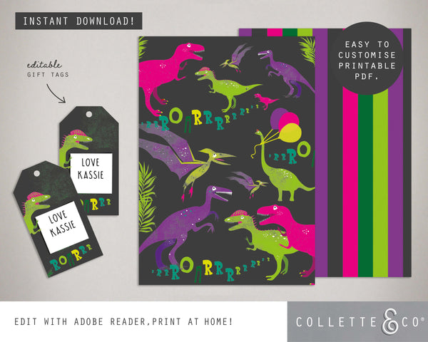 Pink Dinosaur Party Printable Wrapping Paper & Gift Tags