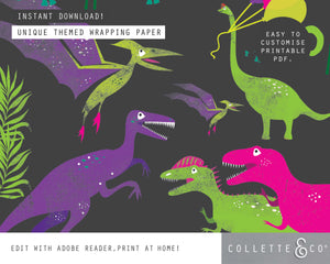 Pink Dinosaur Party Printable Wrapping Paper & Gift Tags