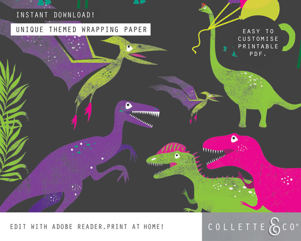 Pink Dinosaur Party Printable Wrapping Paper & Gift Tags
