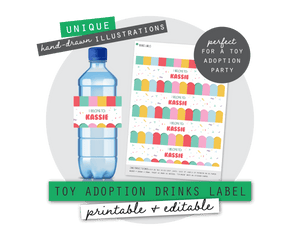 Toy Adoption Party Printable Drinks Label