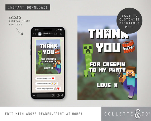 FREE Minecraft Party Thank You Card