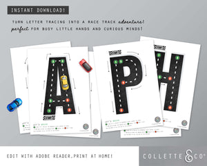 Race Car Alphabet Letter Tracing Printable