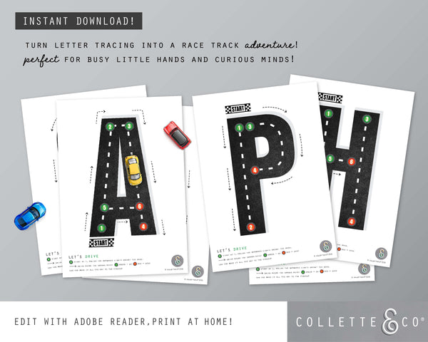 Race Car Alphabet Letter Tracing Printable