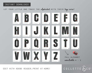 Race Car Alphabet Letter Tracing Printable