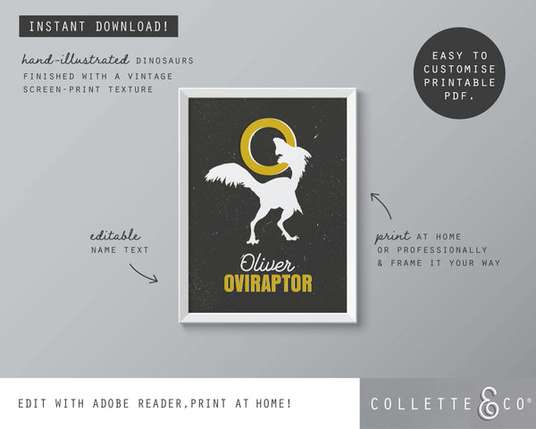 Dinosaur Alphabet A-Z Printable Wall Art (Grey & Yellow)