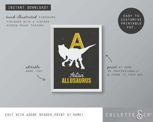 Dinosaur Alphabet A-Z Printable Wall Art (Grey & Yellow)
