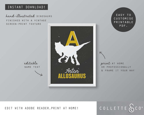 Dinosaur Alphabet A-Z Printable Wall Art (Grey & Yellow)