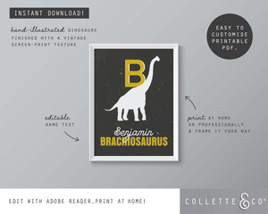 Dinosaur Alphabet A-Z Printable Wall Art (Grey & Yellow)