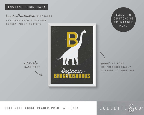 Dinosaur Alphabet A-Z Printable Wall Art (Grey & Yellow)