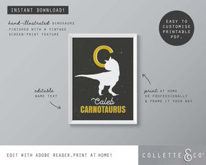 Dinosaur Alphabet A-Z Printable Wall Art (Grey & Yellow)