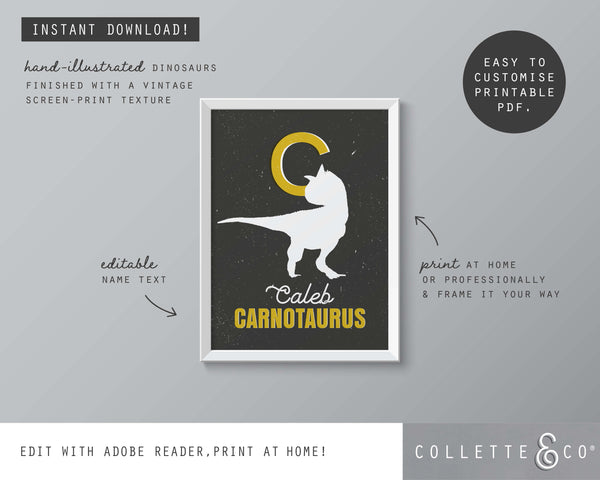 Dinosaur Alphabet A-Z Printable Wall Art (Grey & Yellow)