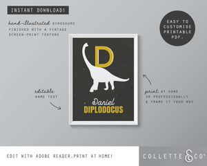 Dinosaur Alphabet A-Z Printable Wall Art (Grey & Yellow)