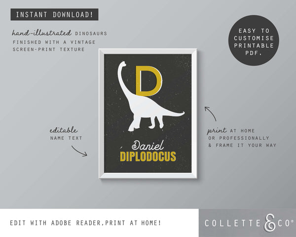 Dinosaur Alphabet A-Z Printable Wall Art (Grey & Yellow)