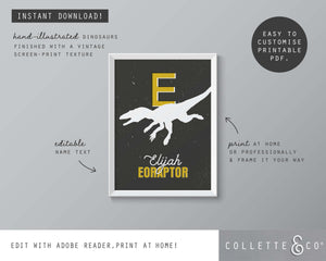 Dinosaur Alphabet A-Z Printable Wall Art (Grey & Yellow)