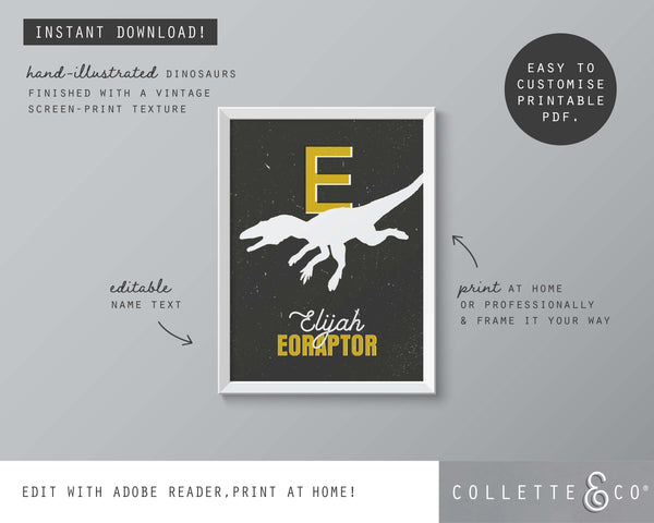 Dinosaur Alphabet A-Z Printable Wall Art (Grey & Yellow)
