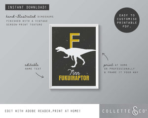 Dinosaur Alphabet A-Z Printable Wall Art (Grey & Yellow)