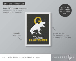 Dinosaur Alphabet A-Z Printable Wall Art (Grey & Yellow)
