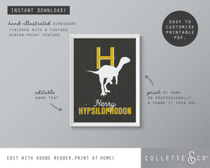 Dinosaur Alphabet A-Z Printable Wall Art (Grey & Yellow)