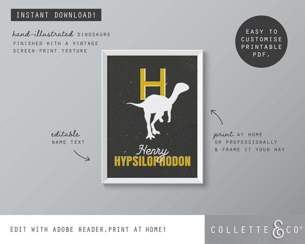 Dinosaur Alphabet A-Z Printable Wall Art (Grey & Yellow)