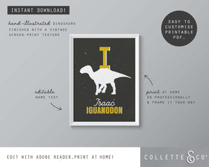Dinosaur Alphabet A-Z Printable Wall Art (Grey & Yellow)