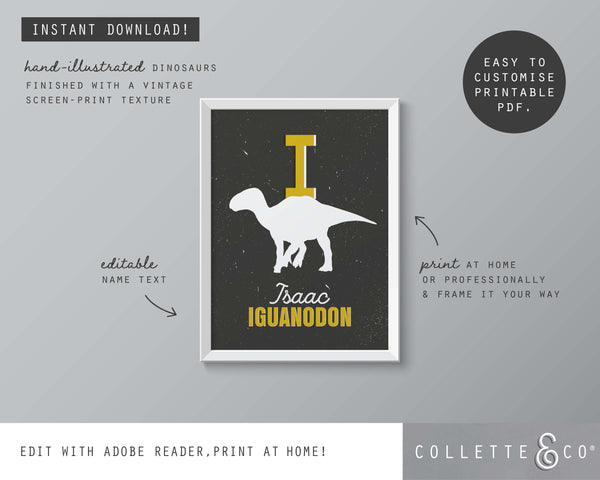 Dinosaur Alphabet A-Z Printable Wall Art (Grey & Yellow)